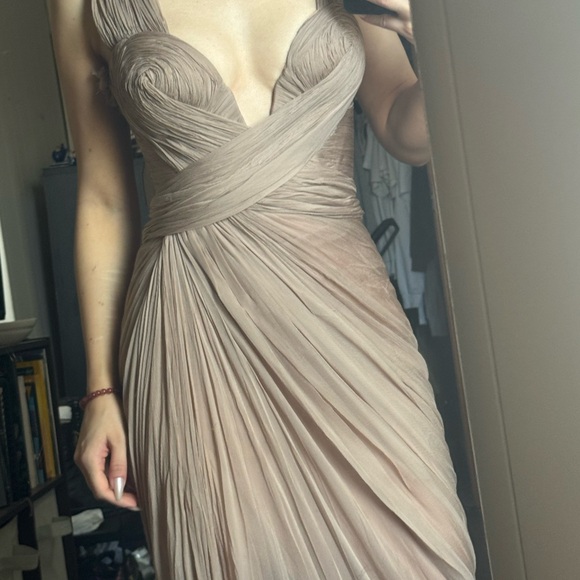 Adelie Plunging Draped Plisse Slit Gown In Desert Rose - Picture 8 of 16